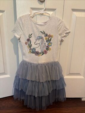 Monsoon White Unicorn Embroidered Dress with Blue Tulle Skirt